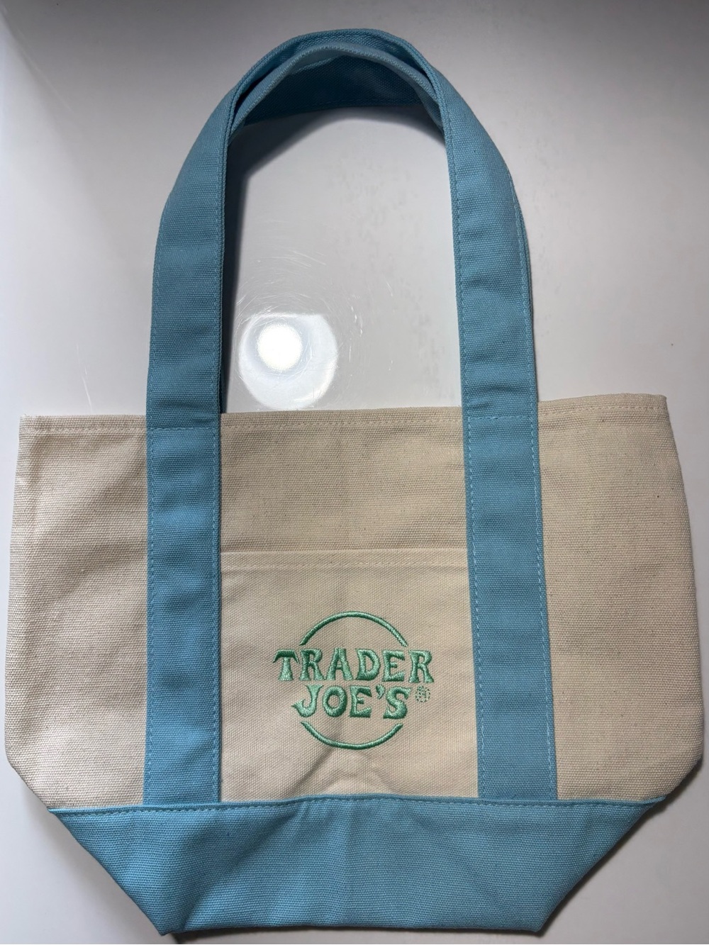 Trader Joe's Canvas Tote in Light Blue and Cream
